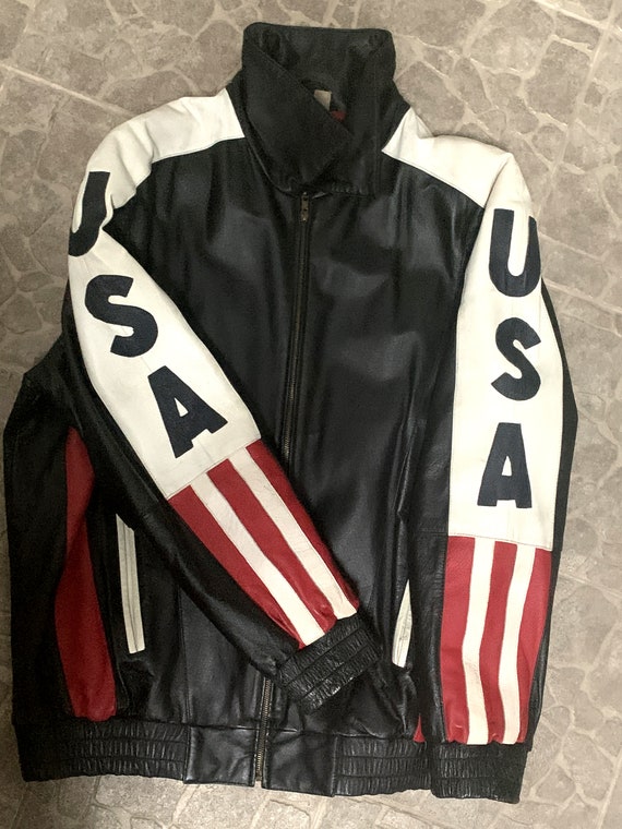 Stunning Vintage Statement USA Flag Leather Jacket 90s Stunning Vintage Statement USA Flag Leather Jacket 90s