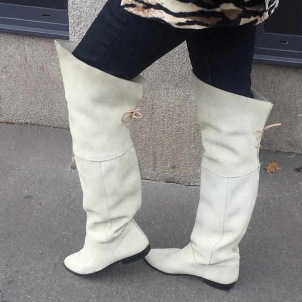 True Vintage Handemade Overknee Leder Stiefel Off-White Suede Leather Boots 90s