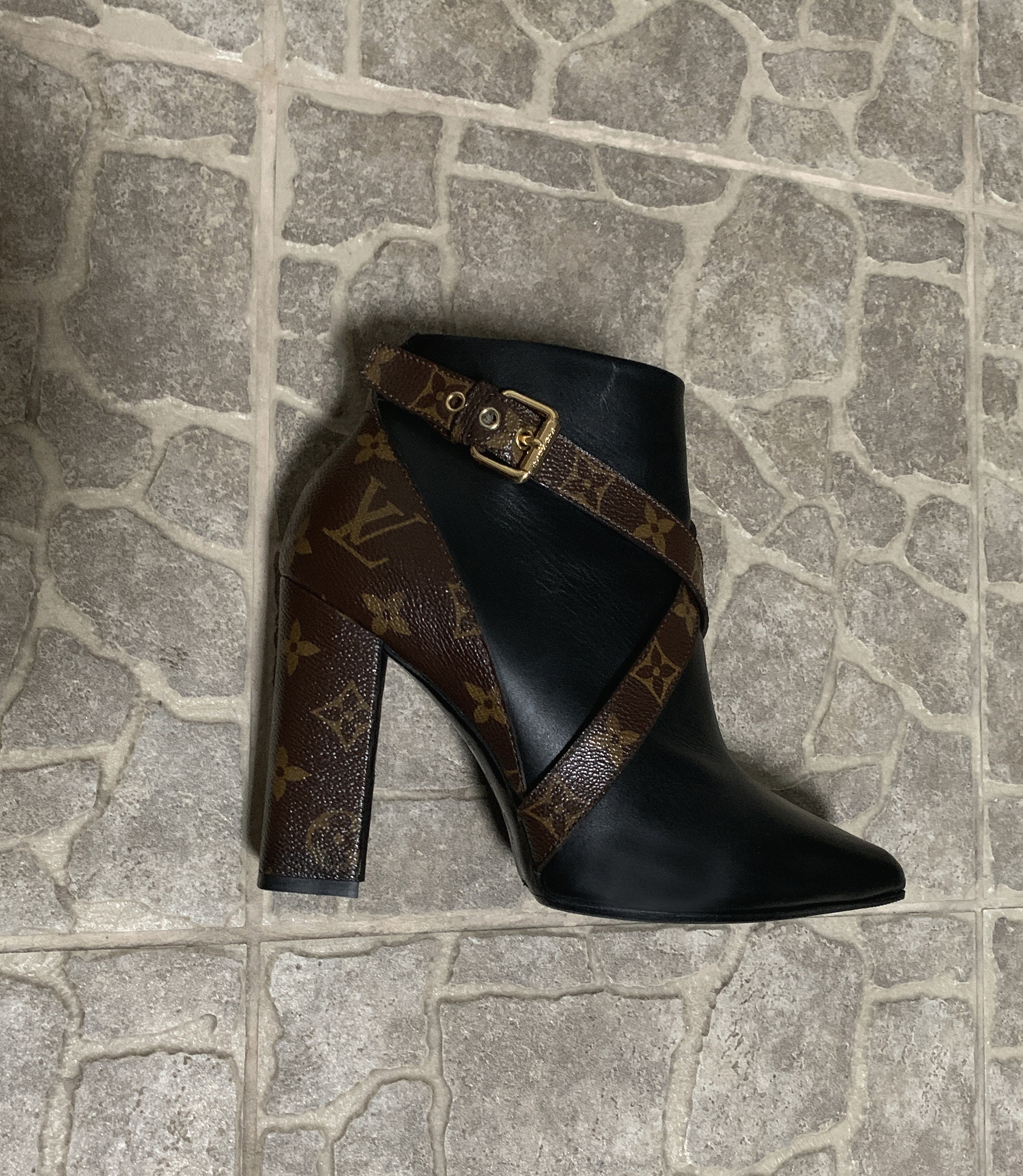 Shop Louis Vuitton Monogram Leather Block Heels Logo Ankle