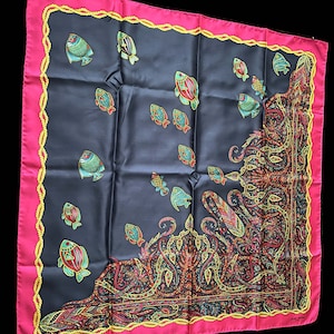 Jean Patou Paris vintage silk scarf fish and paisley decor
