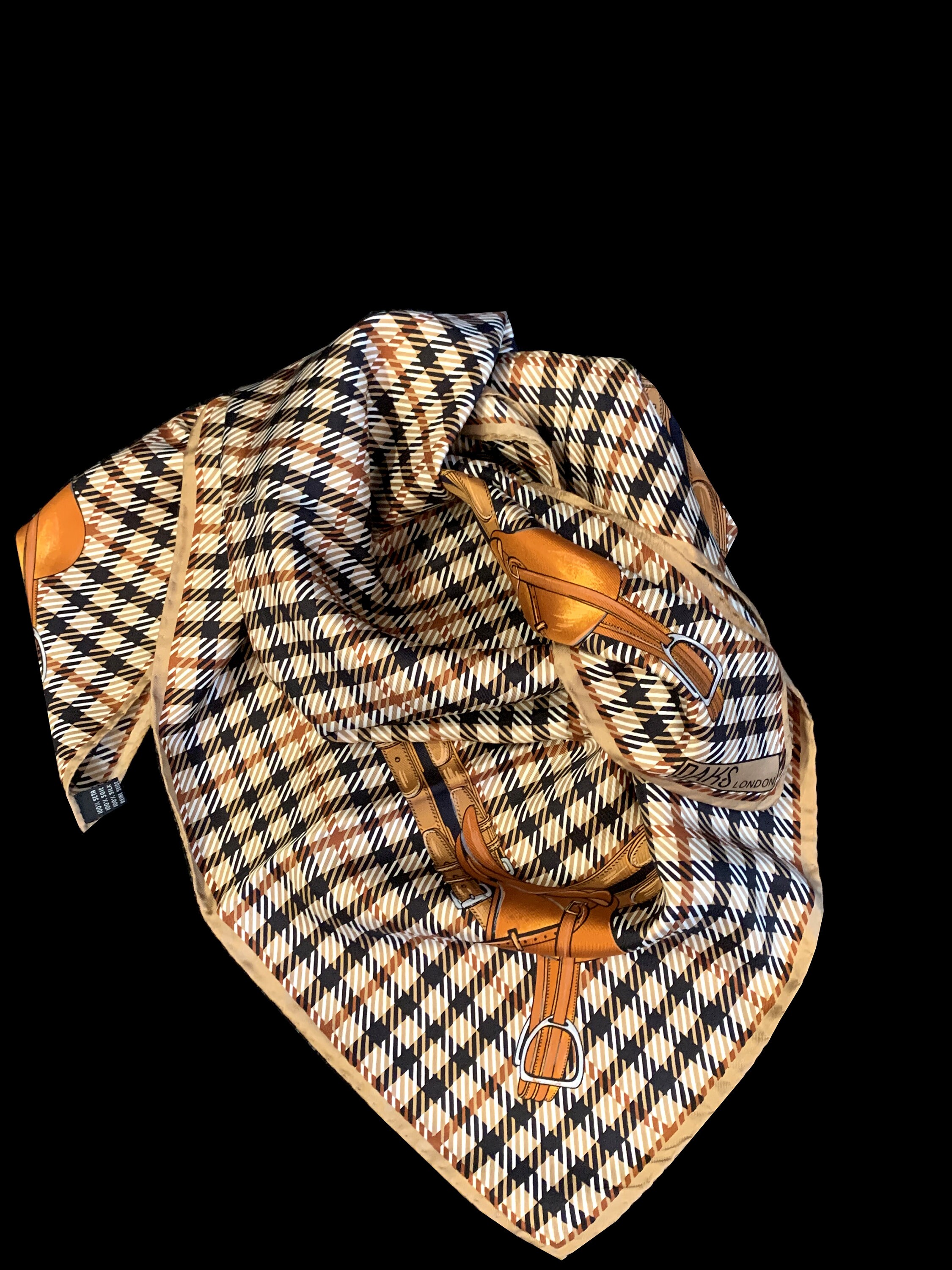 ◇DAKS◇ [SILK 100%]Black DD DAKS Long Skinny Silk Scarf DCS Royal Silk Long Black Fringed Satin Silk Scarf 14” x 75