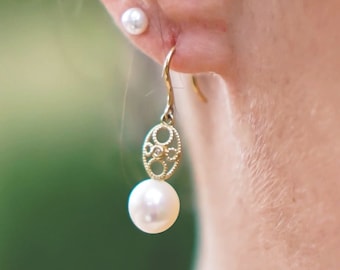 Handmade 14K Gold Pearl Earrings with Real Diamonds