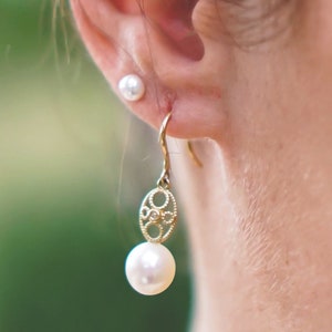 Handmade 14K Gold Pearl Earrings with Real Diamonds