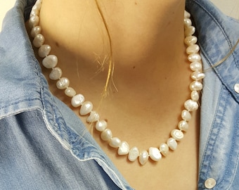 Beautiful pearl necklace - high quality flat baroque white fresh water cultured pearls 7-8mm knotted with 14k gold clasp