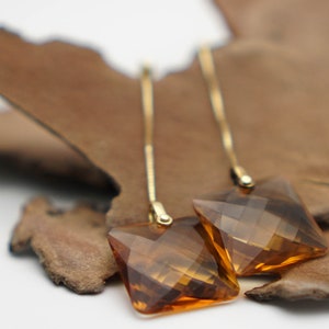 Pearl earrings - Beautiful modern & unique 18K gold real diamond and Amber color synthetic stone hanging earrings - Kiara brand