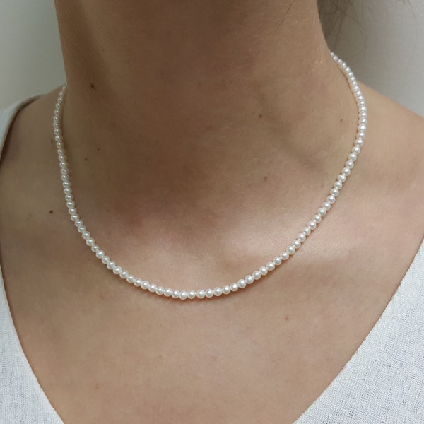 Beautiful pearl necklace - semi round 3x3.5mm white fresh water cultured pearls with gold clasp