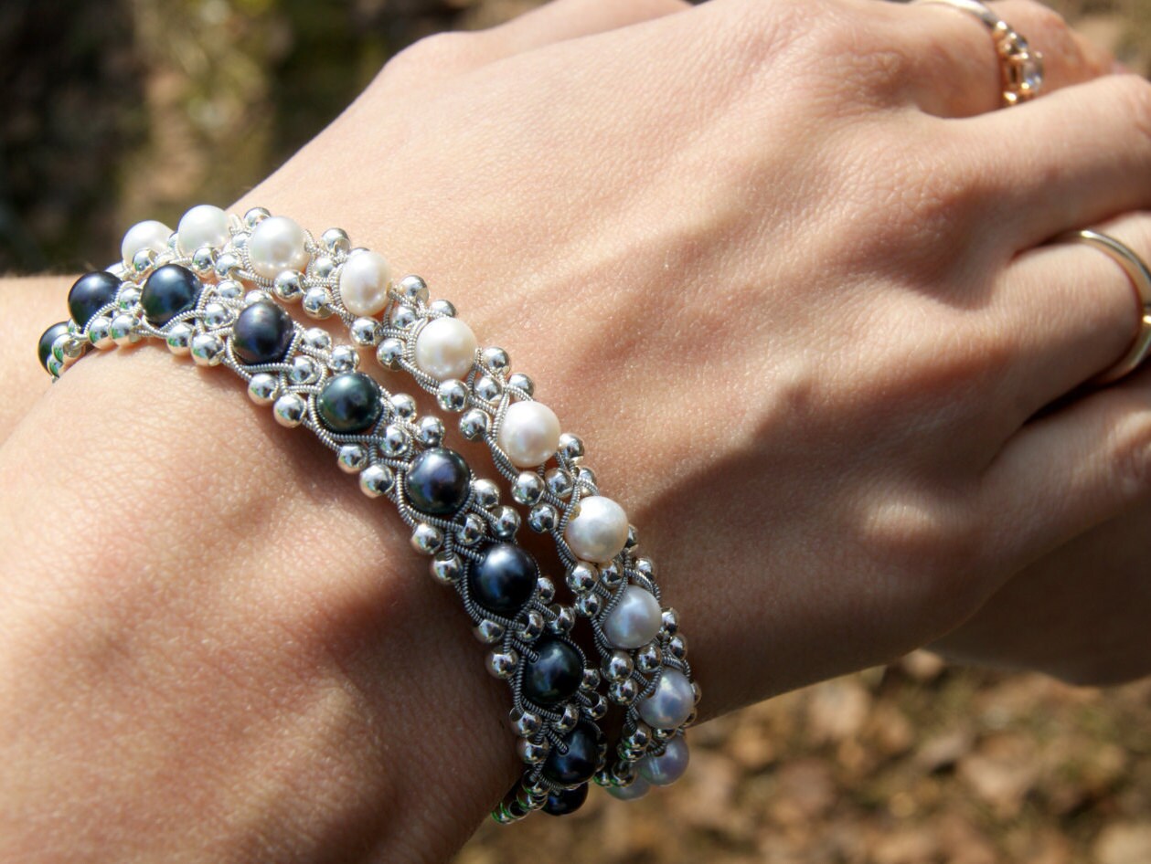 Black White pearl women bracelet Braided summer armband