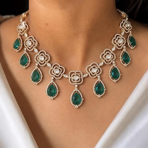 Luxury Emerald Green Polki Moissanite Necklace Set | Indian Bridal Necklace | Indian Wedding Jewelry | Sabyasachi Jadau Necklace Set