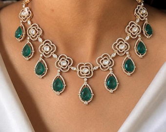 Luxury Emerald Green Polki Moissanite Necklace Set | Premium Bridal Choker Set | Indian Wedding Jewelry | Sabyasachi Inspired Necklace Set