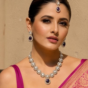Ruby Maroon Kundan Necklace Set with Earrings & Maang Tikka, Polki Indian Bridal Jewelry, Luxury Wedding Necklace Set,Indian Jewelry Earring