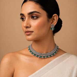 May include: A silver choker necklace and matching drop earrings featuring rectangular green stones and small white pearls. The necklace has a detailed metallic link design with a row of green stones and pearls along the bottom edge.