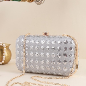Embroidered Evening Clutch: Silver Bridal Bag with Detachable Chain