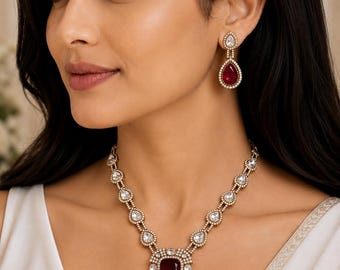 Ruby Red Kundan Necklace Set with Earrings | Adjustable Dori Bridal Jewelry | Bollywood Style Statement Necklace | Indian Wedding Set