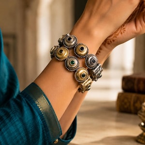 Dual Tone Tribal Bangles Kada Set | Silver Look Alike Boho Bracelets | Multicolor Stone Ethnic Bangles |Statement Bangkes fits upto 2.6 size