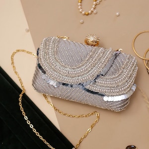 Silver Gray Evening Clutch: Pearl Embroidered Bridal Bag