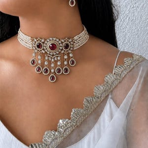 Luxury Jadau Kundan Pearl Choker Set with Earrings | Maroon Stone IndianNecklace | Bollywood Style Wedding Jewelry | Ethnic Pearl Choker