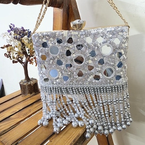 Silver Mirror Clutch Bag: Pearl Embellished Bridal Evening Bag