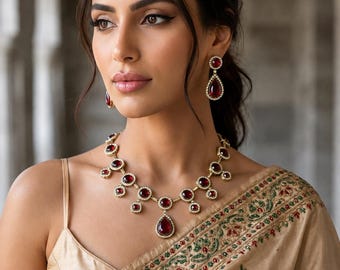 Conjunto de collar AD rojo granate inspirado en Sabyasachi, joyería nupcial india, collar llamativo de circonitas cúbicas, pendientes de boda, conjunto de collar indio