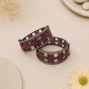 Ruby Pink Floral Oxidized Kada Bangles | Adjustable Screw Open Bangles | Boho Tribal Bracelet Set | Silver Look Alike Ethnic Jewelry