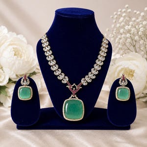 Conjunto de collar y pendientes Polki verde menta, collar llamativo rosa rubí, joyería india, joyería Kundan para bodas, collar indio para fiestas