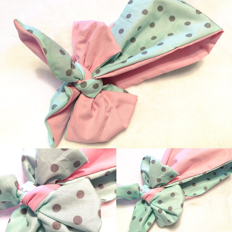 1 pc Reversible pink /& light turquoise polka dots head wrap
