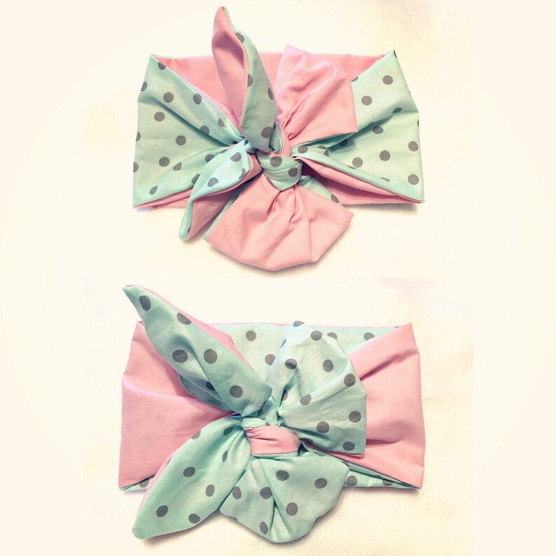 1 pc Reversible pink /& light turquoise polka dots head wrap