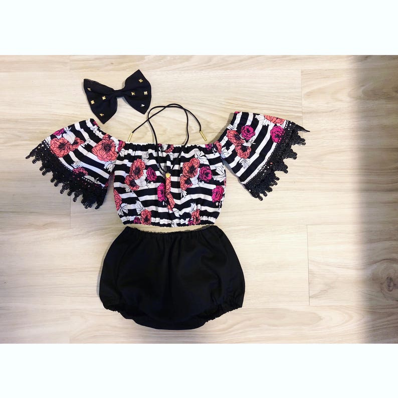 bow and choker not included Black and white stripes /& florals off shoulder tube top with trimming and bloomers set