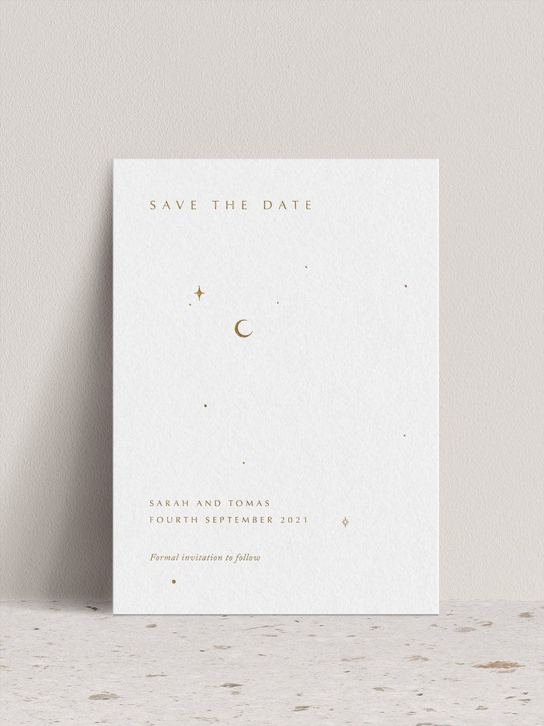 Goldfolie Save The Date Himmlischer Mond und Stern Hochzeitseinladung