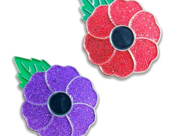 Glitzer Mohnblume Emaille Pin Abzeichen | Rot/Lila | Erinnerung | Kriegstiere | Blumen-Glitter