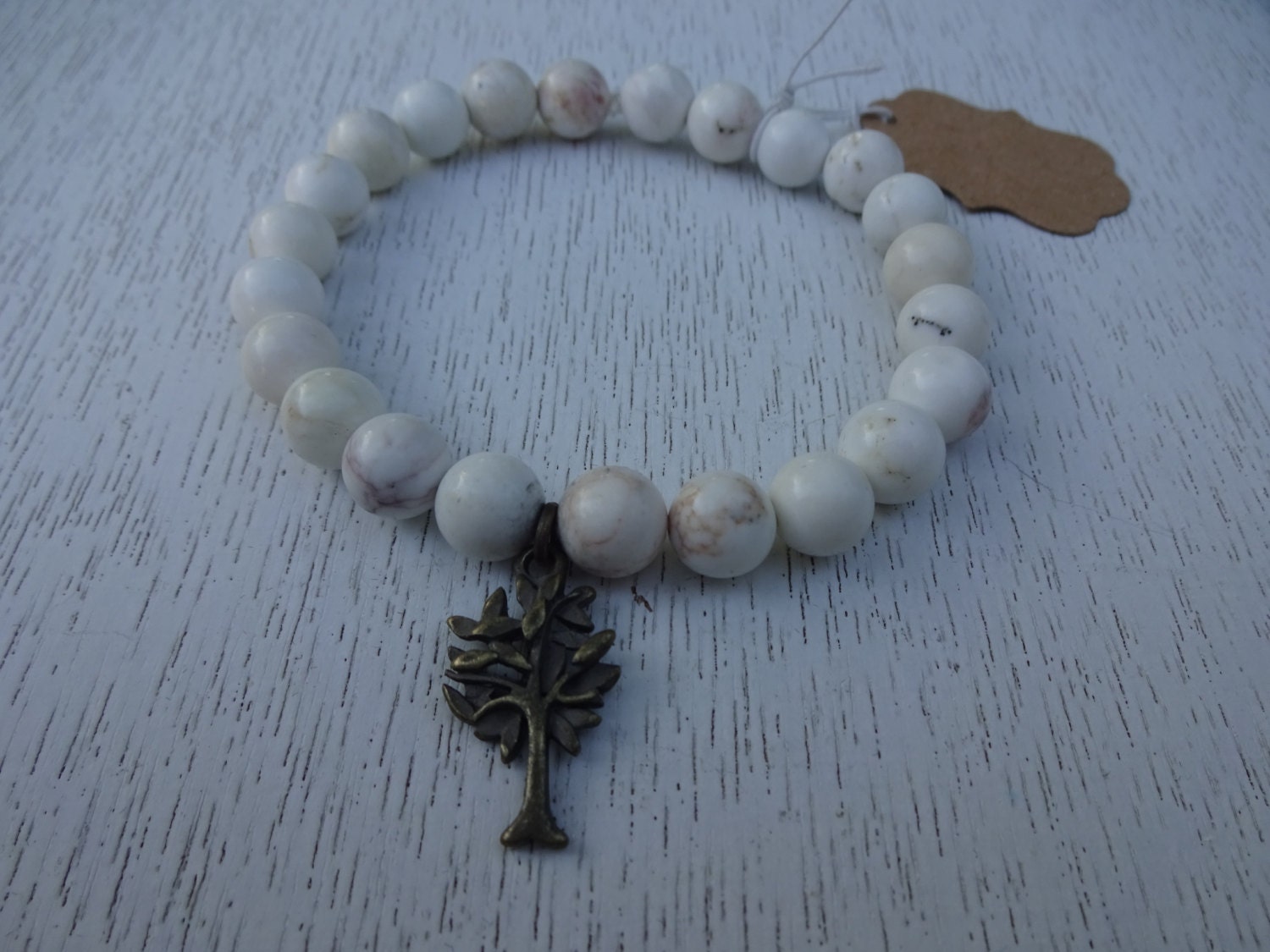White Stone Bead With Bronzed Gold Tree Charm - Etsy