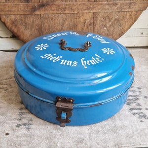 Antique bread box &quot;Give us this day our daily bread&quot; made of enamel bread containers Shabby vintage around 1900