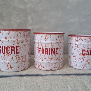 3 old storage jars Sucre Farine Café Shabby vintage France enamel