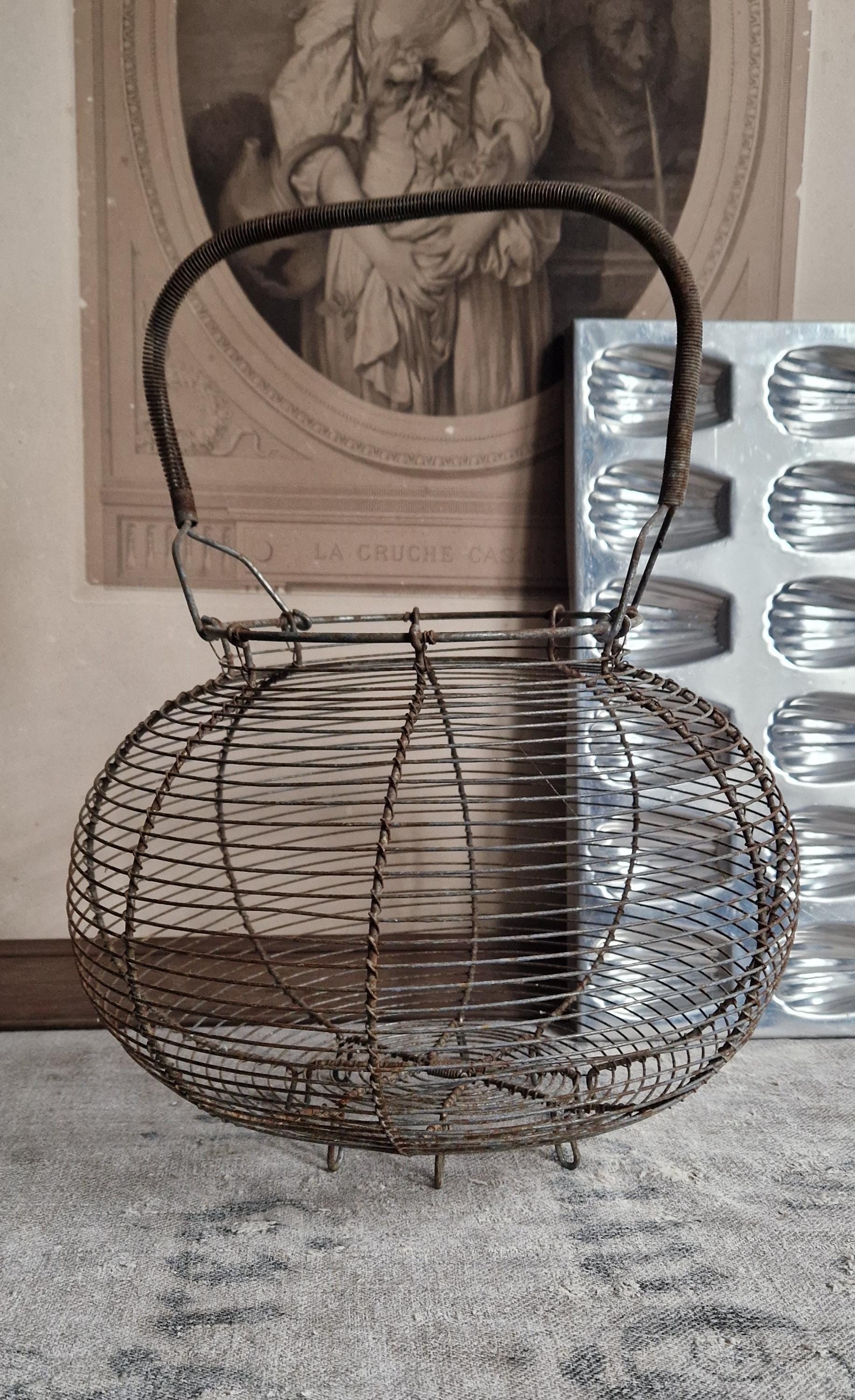 アンティークの卵バスケット、ワイヤー、希少、大型、フランスの