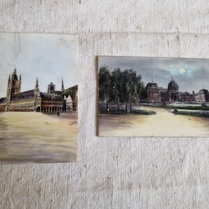 2 antique pictures on the glass Opaline painting vintage M Wirtz Ypres