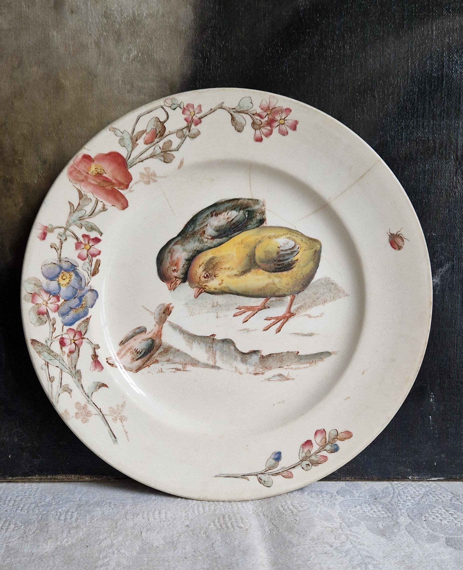 Antique plate HB Terre de fer with rare bird motif Polychrome Shabby vintage from France rare