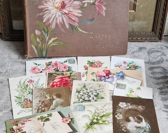 Antique album for postcards around 1920 from the Art Nouveau period including 20 postcards Shabby vintage from France