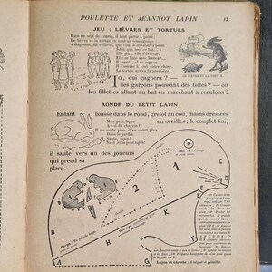 May include: An open book with illustrations and text in French. The page features drawings of a rabbit, a turtle, and children, along with a diagram of a rabbit. The text includes the title "POULETTE ET JEANNOT LAPIN".