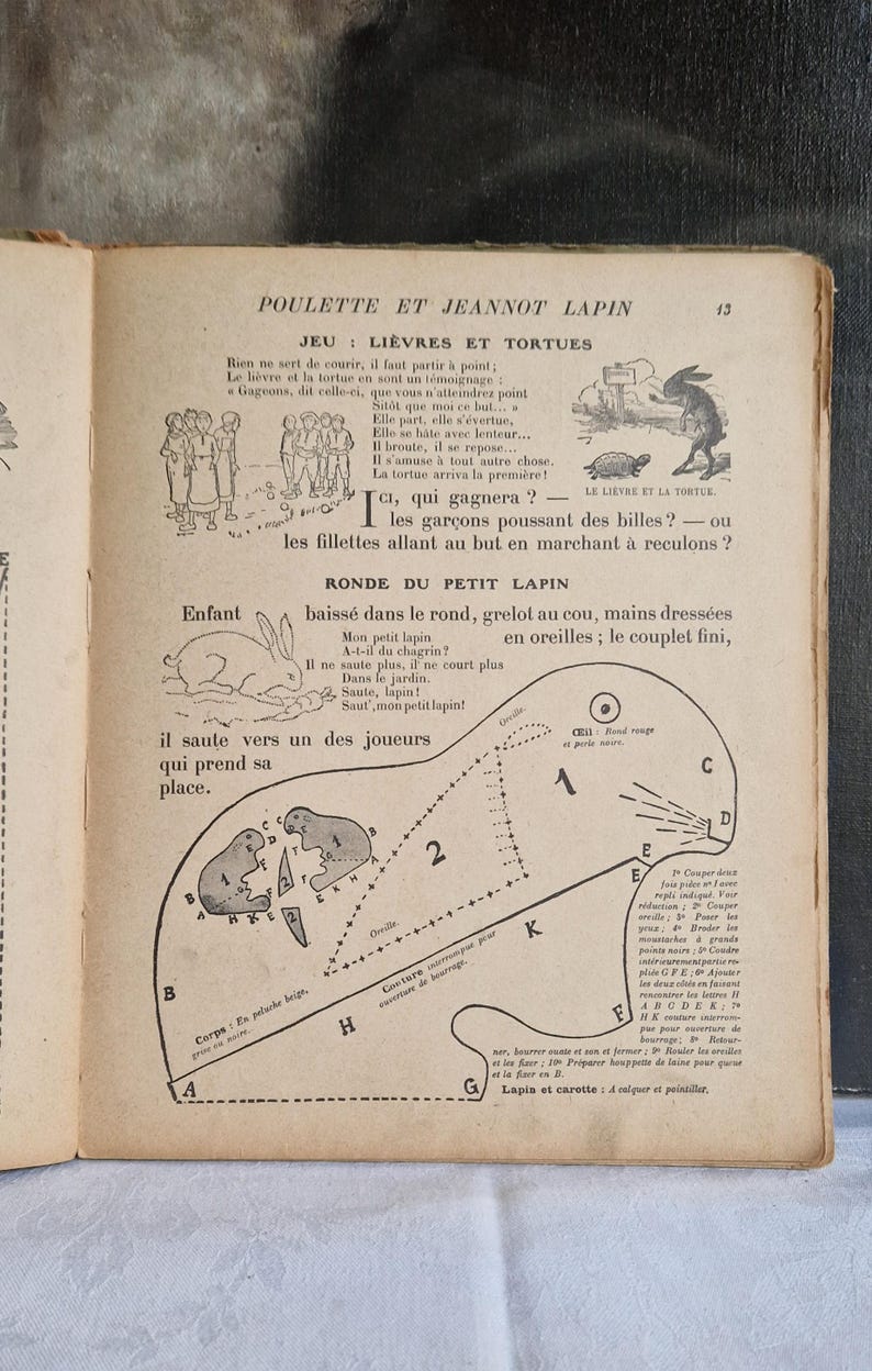 May include: An open book with illustrations and text in French. The page features drawings of a rabbit, a turtle, and children, along with a diagram of a rabbit. The text includes the title "POULETTE ET JEANNOT LAPIN".