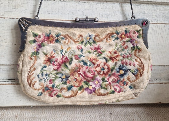 Evening bag handbag tapestry handmade around 1900… - image 4