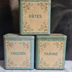 Set of 3 antique tin storage tins in a Shabby vintage style from France