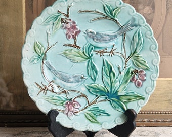 Sarreguemines cake plate Barbotine Majolica with birds antique shabby vintage from France