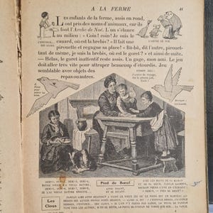 May include: An antique book page with illustrations and French text. The page features a detailed drawing of a family gathered around a table, with additional drawings of birds and children. The text is in a vintage font.