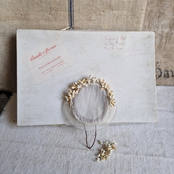 Antique wax jewelry bridal wreath wax veil bridal jewelry including original box Paris Annette & Yvonne