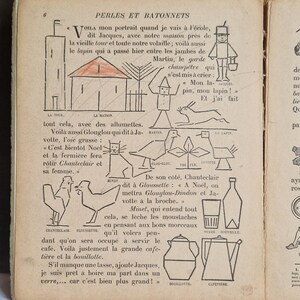 May include: Vintage children's book page with illustrations and French text. The page features drawings of a house, tower, animals, and a person. The text is in black ink, and some elements are colored in red.