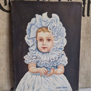 Antique picture portrait of a child from France oil on canvas painting picture shabby vintage