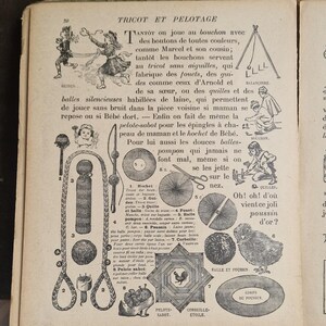 May include: Vintage book page featuring illustrations and text about knitting and related crafts. The page includes drawings of various tools, toys, and figures, with French text. The illustrations are in black and white.