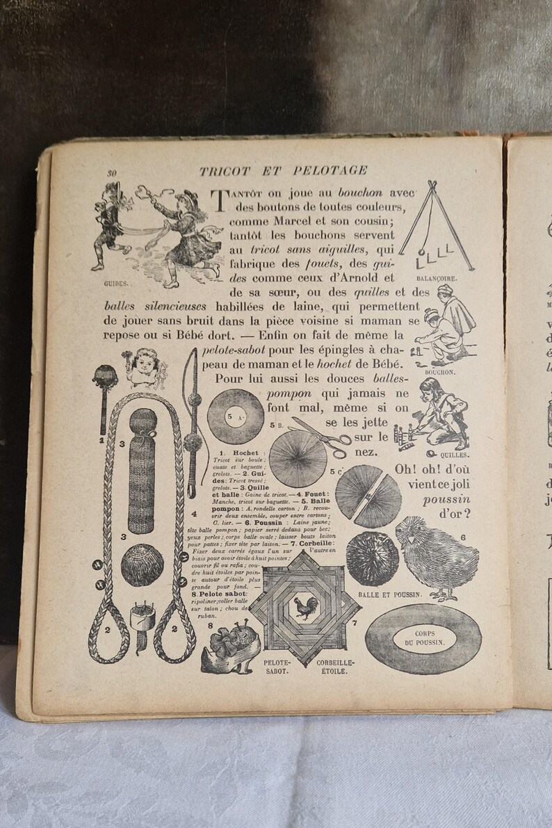 May include: Vintage book page featuring illustrations and text about knitting and related crafts. The page includes drawings of various tools, toys, and figures, with French text. The illustrations are in black and white.