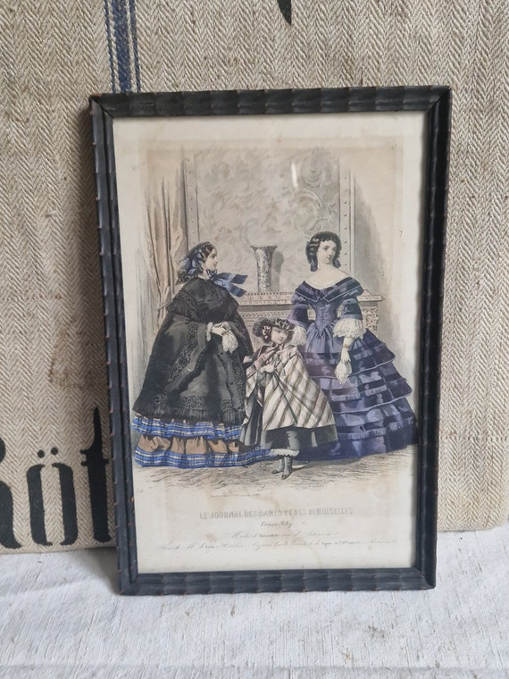 アンティークファッションイラストフレーム　フランス　額入り アンティークファッションイラストフレーム フランス 額入り 美術品