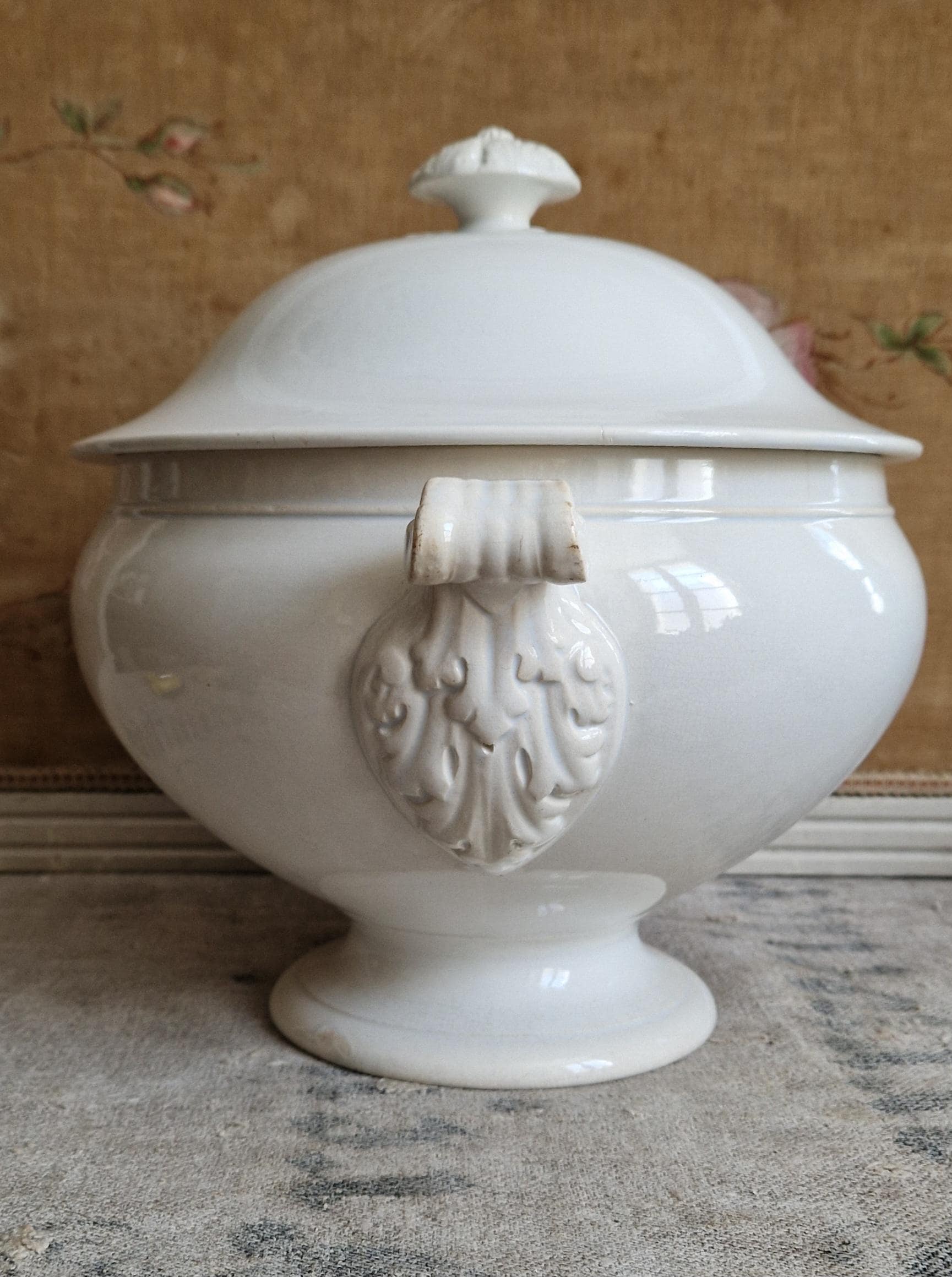 Antique Sarreguemines shabby vintage terrine from France with age patina