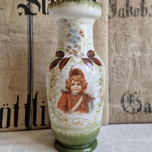 Antique large vase flower vase Opaline with children&#39;s motif Shabby vintage France